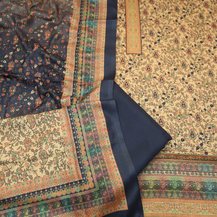 Kalyani Beige with Blue Kanni Floral Printed Semi Pashmina Winter Set