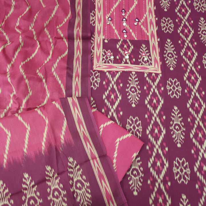 Raashi Purple with Pink Yoke wth Mirror and Coin Hanging Ikkat Print Cotton Set