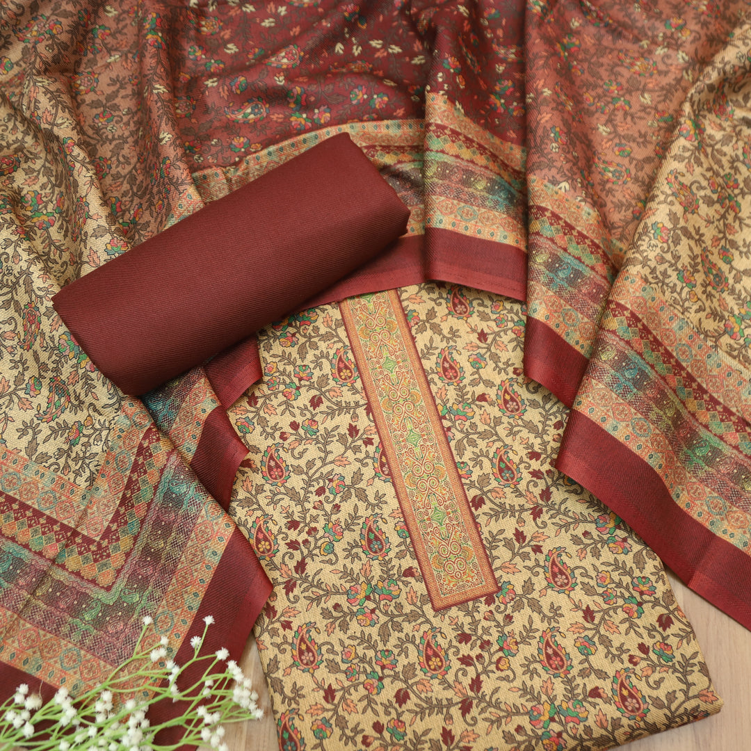 Kalyani Beige with Maroon Kanni Floral Printed Semi Pashmina Winter Set