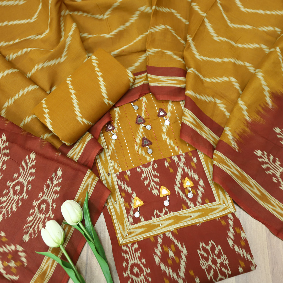 Raashi Maroon with Mustard Yoke wth Mirror and Coin Hanging Ikkat Print Cotton Set