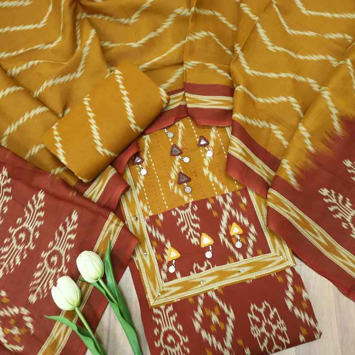 Raashi Maroon with Mustard Yoke wth Mirror and Coin Hanging Ikkat Print Cotton Set