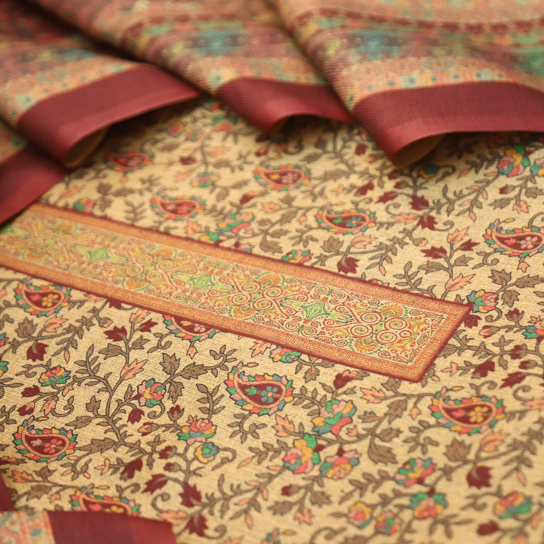 Kalyani Beige with Maroon Kanni Floral Printed Semi Pashmina Winter Set