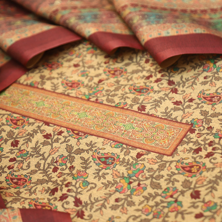 Kalyani Beige with Maroon Kanni Floral Printed Semi Pashmina Winter Set
