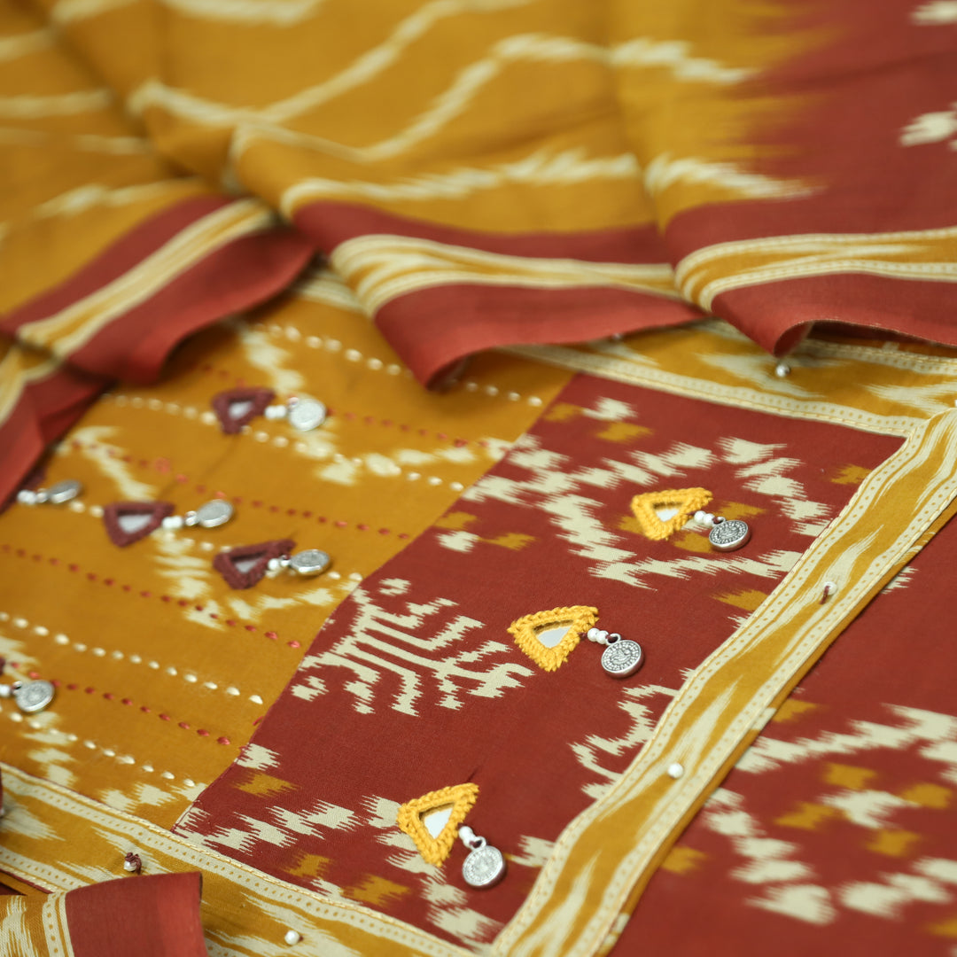 Raashi Maroon with Mustard Yoke wth Mirror and Coin Hanging Ikkat Print Cotton Set