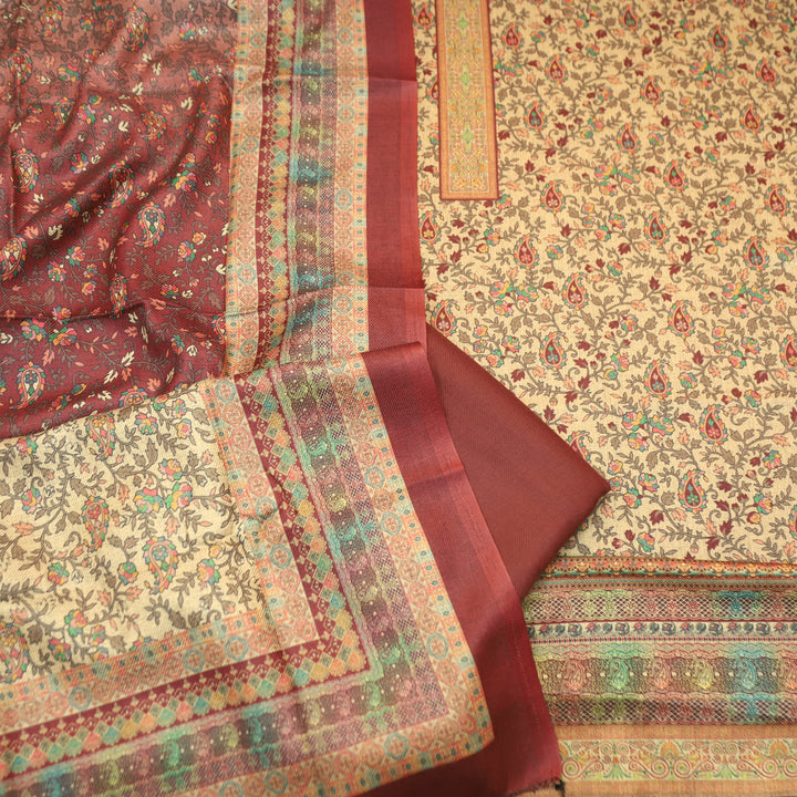 Kalyani Beige with Maroon Kanni Floral Printed Semi Pashmina Winter Set