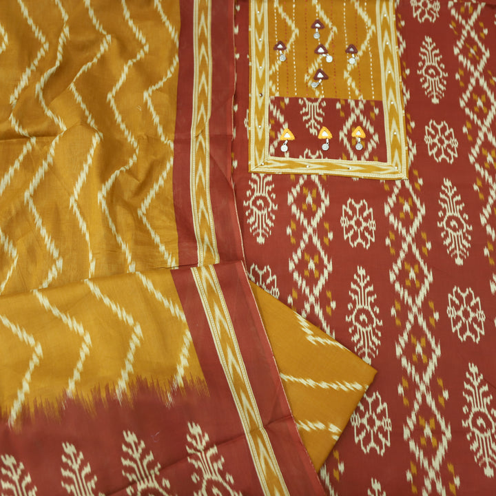 Raashi Maroon with Mustard Yoke wth Mirror and Coin Hanging Ikkat Print Cotton Set