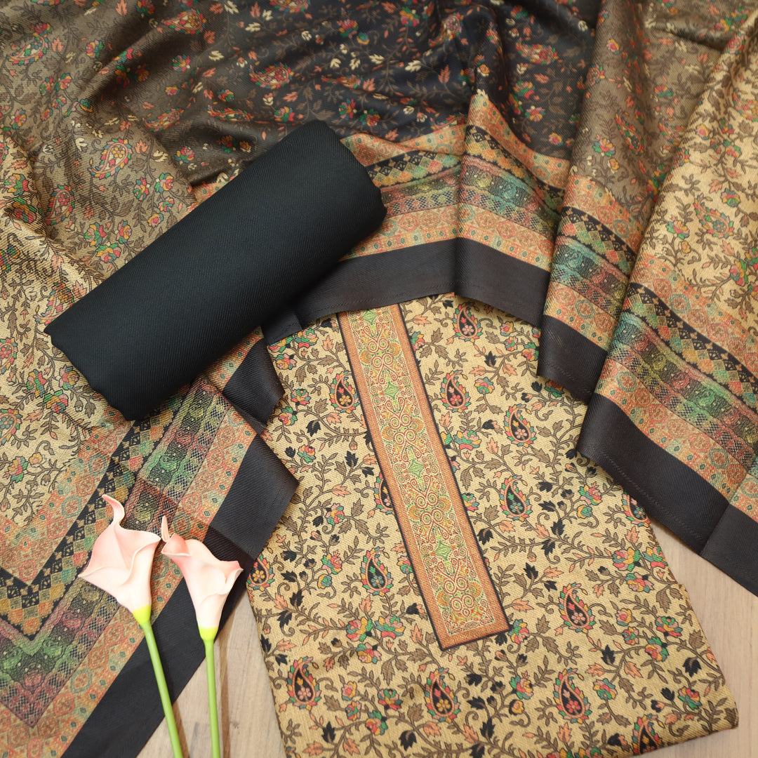 Kalyani Beige with Black Kanni Floral Printed Semi Pashmina Winter Set