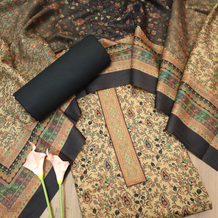 Kalyani Beige with Black Kanni Floral Printed Semi Pashmina Winter Set