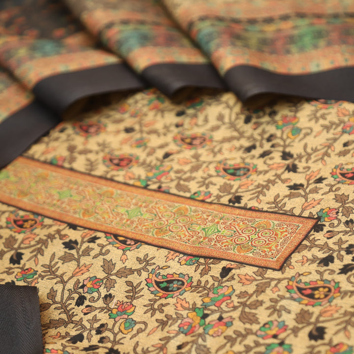 Kalyani Beige with Black Kanni Floral Printed Semi Pashmina Winter Set