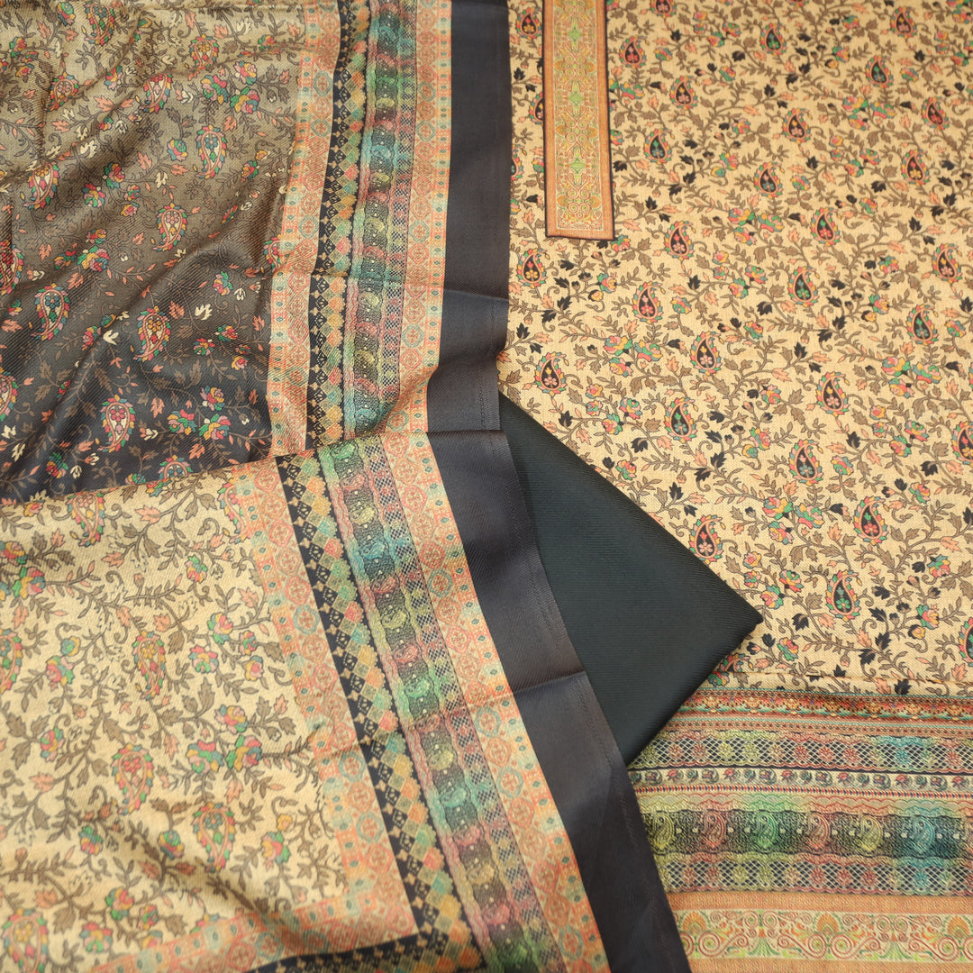 Kalyani Beige with Black Kanni Floral Printed Semi Pashmina Winter Set