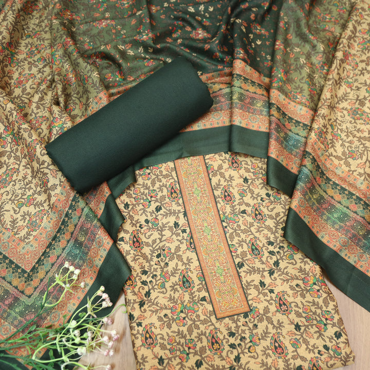 कल्याणी Beige with Green Kanni Floral Printed Semi Pashmina Winter Set