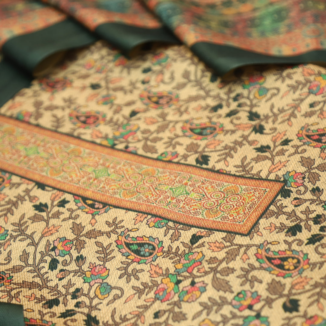 कल्याणी Beige with Green Kanni Floral Printed Semi Pashmina Winter Set