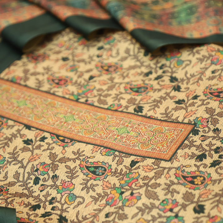 कल्याणी Beige with Green Kanni Floral Printed Semi Pashmina Winter Set
