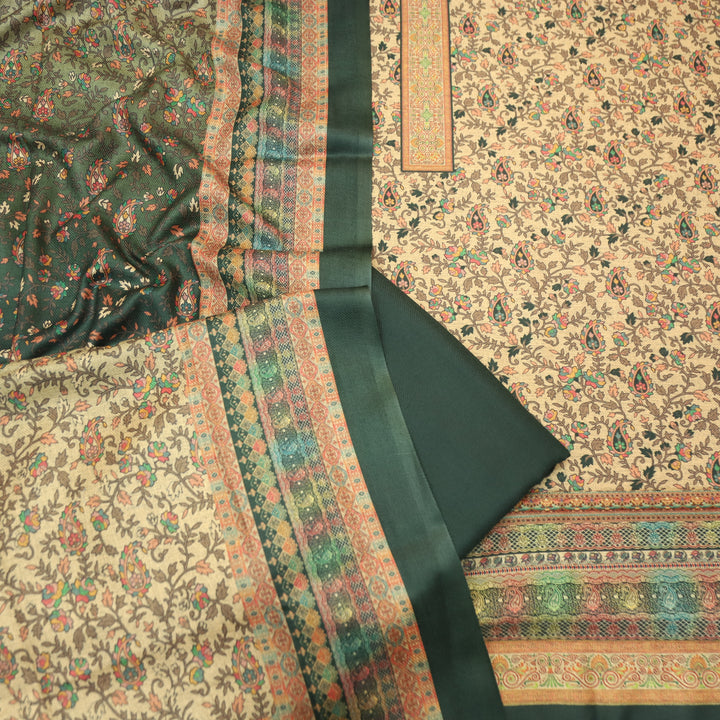 कल्याणी Beige with Green Kanni Floral Printed Semi Pashmina Winter Set