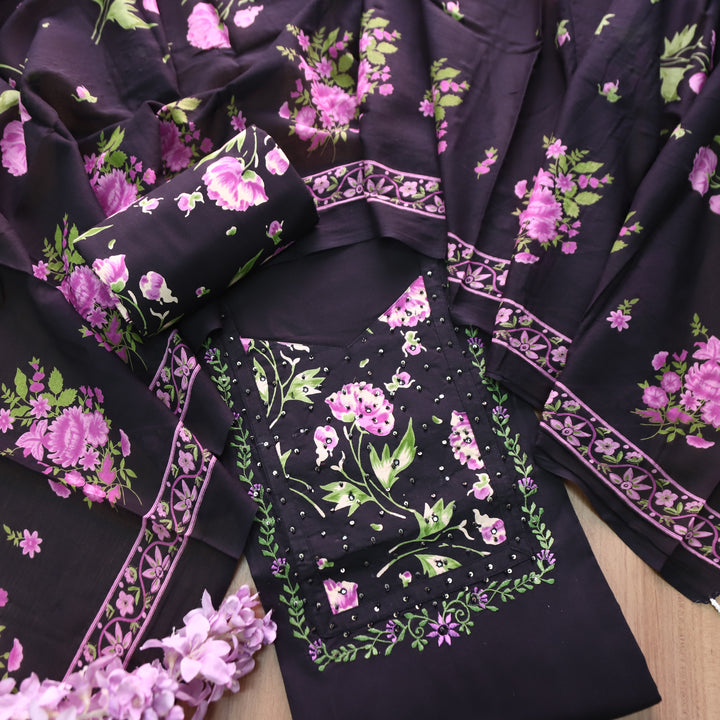 Yashvi Black with Orchid Floral Print Yoke Moti and Patra Work Cotton Suit Set