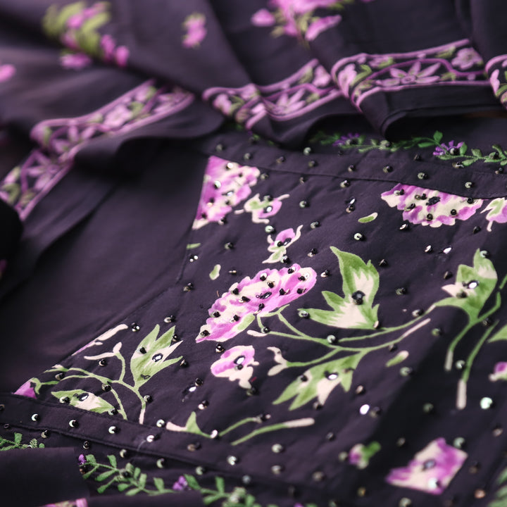 Yashvi Black with Orchid Floral Print Yoke Moti and Patra Work Cotton Suit Set