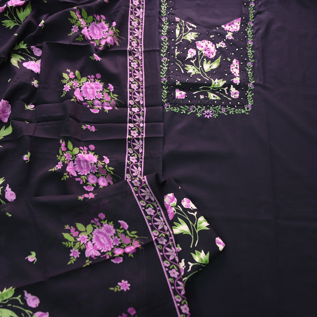 Yashvi Black with Orchid Floral Print Yoke Moti and Patra Work Cotton Suit Set