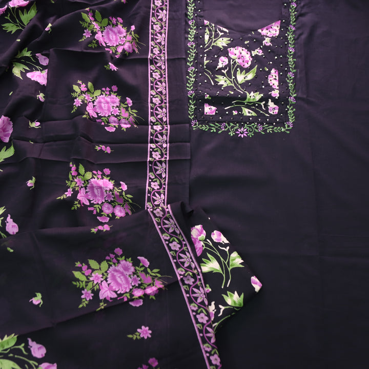 Yashvi Black with Orchid Floral Print Yoke Moti and Patra Work Cotton Suit Set