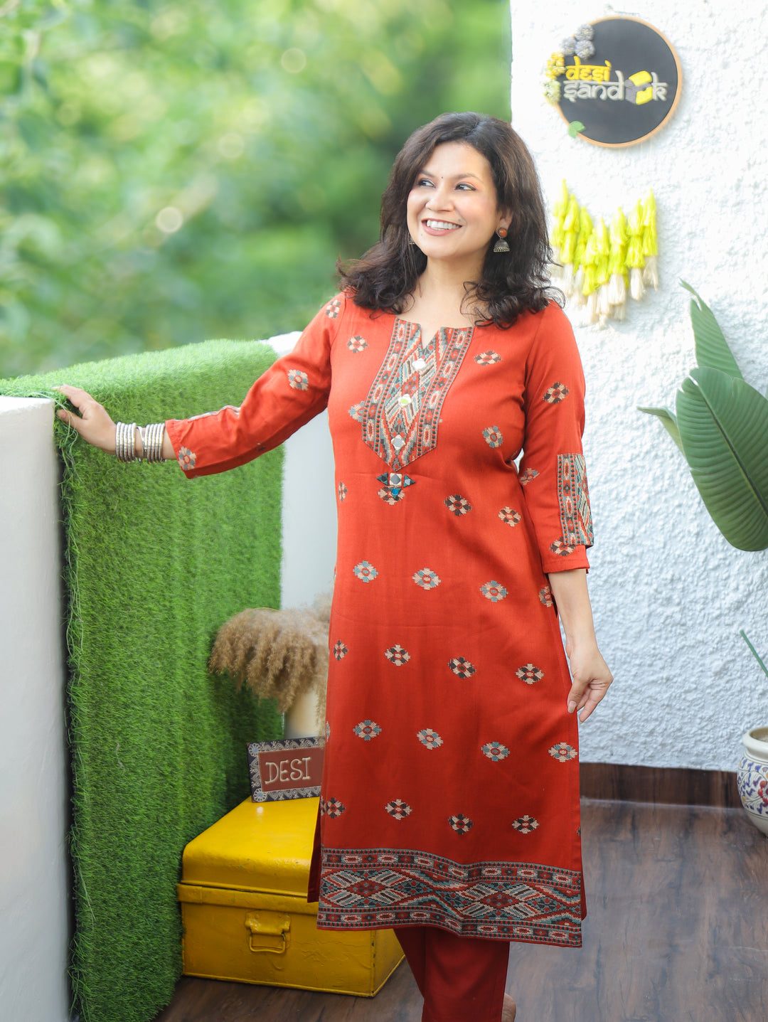 Shachi Rust Orange Mirror Work Kullu Semi Woolen Winter Kurti