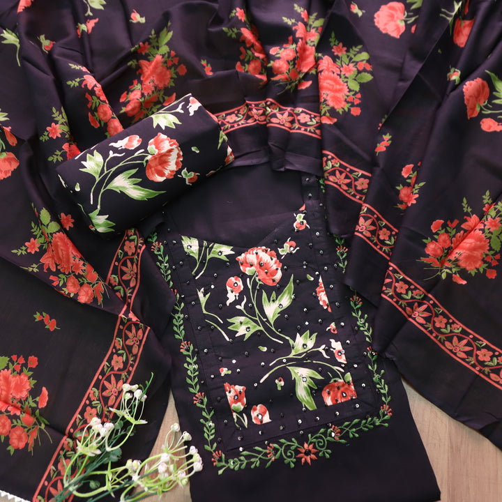 Yashvi Black with Red Floral Print Yoke Moti and Patra Work Cotton Suit Set
