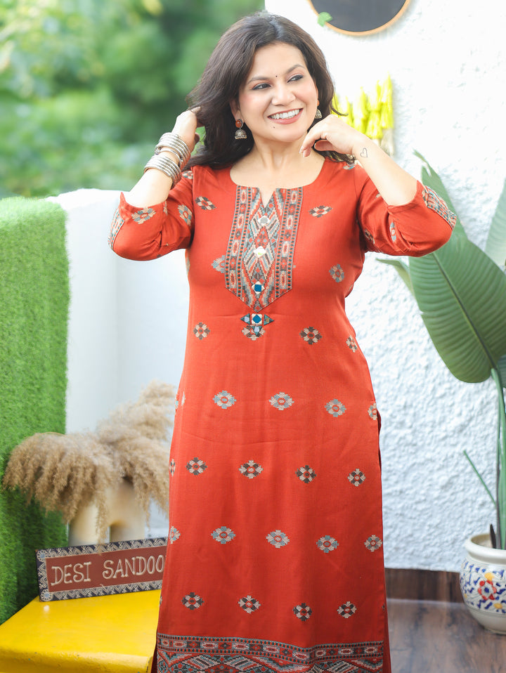 Shachi Rust Orange Mirror Work Kullu Semi Woolen Winter Kurti