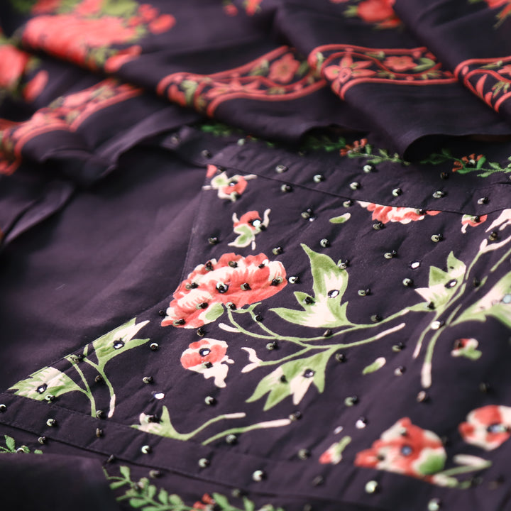 Yashvi Black with Red Floral Print Yoke Moti and Patra Work Cotton Suit Set