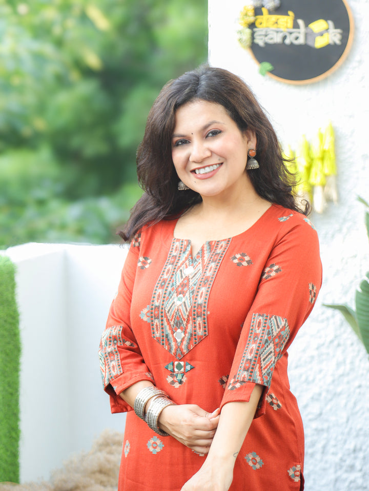Shachi Rust Orange Mirror Work Kullu Semi Woolen Winter Kurti