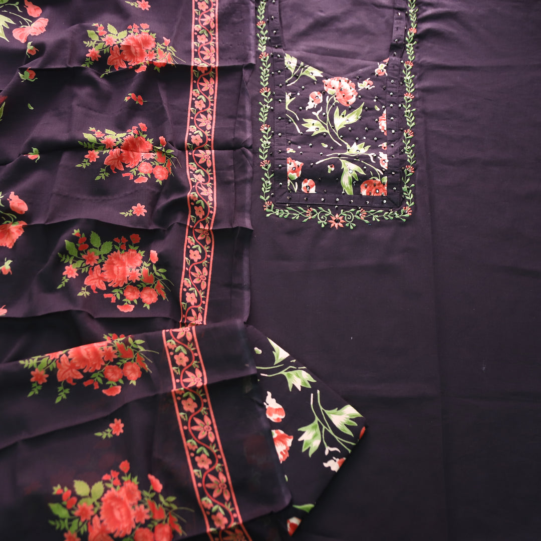 Yashvi Black with Red Floral Print Yoke Moti and Patra Work Cotton Suit Set