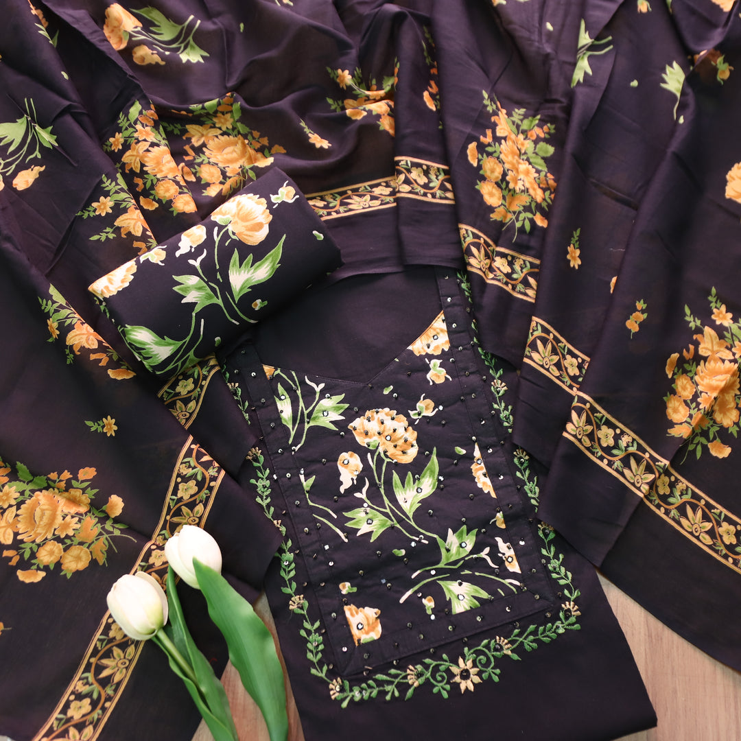 Yashvi Black with Yellow Floral Print Yoke Moti and Patra Work Cotton Suit Set