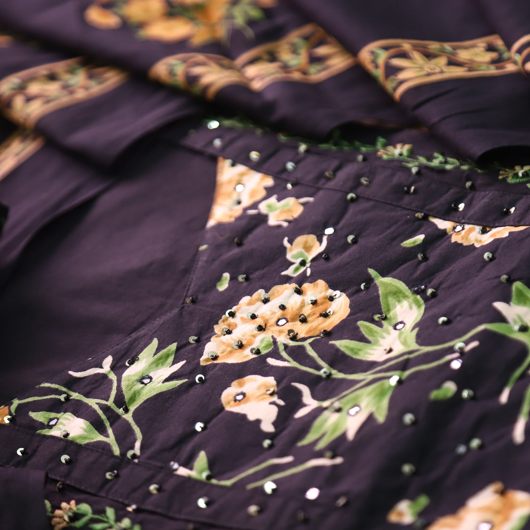 Yashvi Black with Yellow Floral Print Yoke Moti and Patra Work Cotton Suit Set