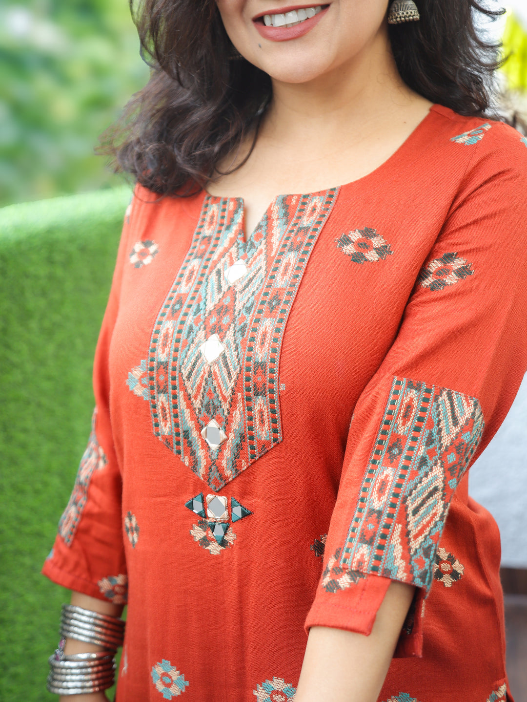 Shachi Rust Orange Mirror Work Kullu Semi Woolen Winter Kurti
