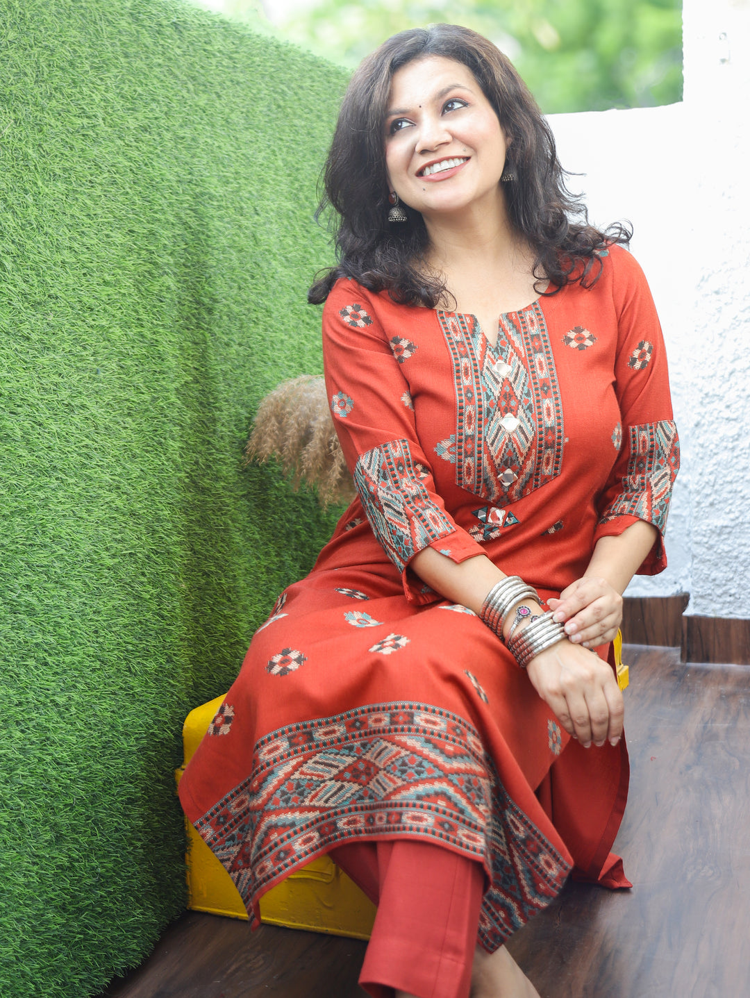 Shachi Rust Orange Mirror Work Kullu Semi Woolen Winter Kurti