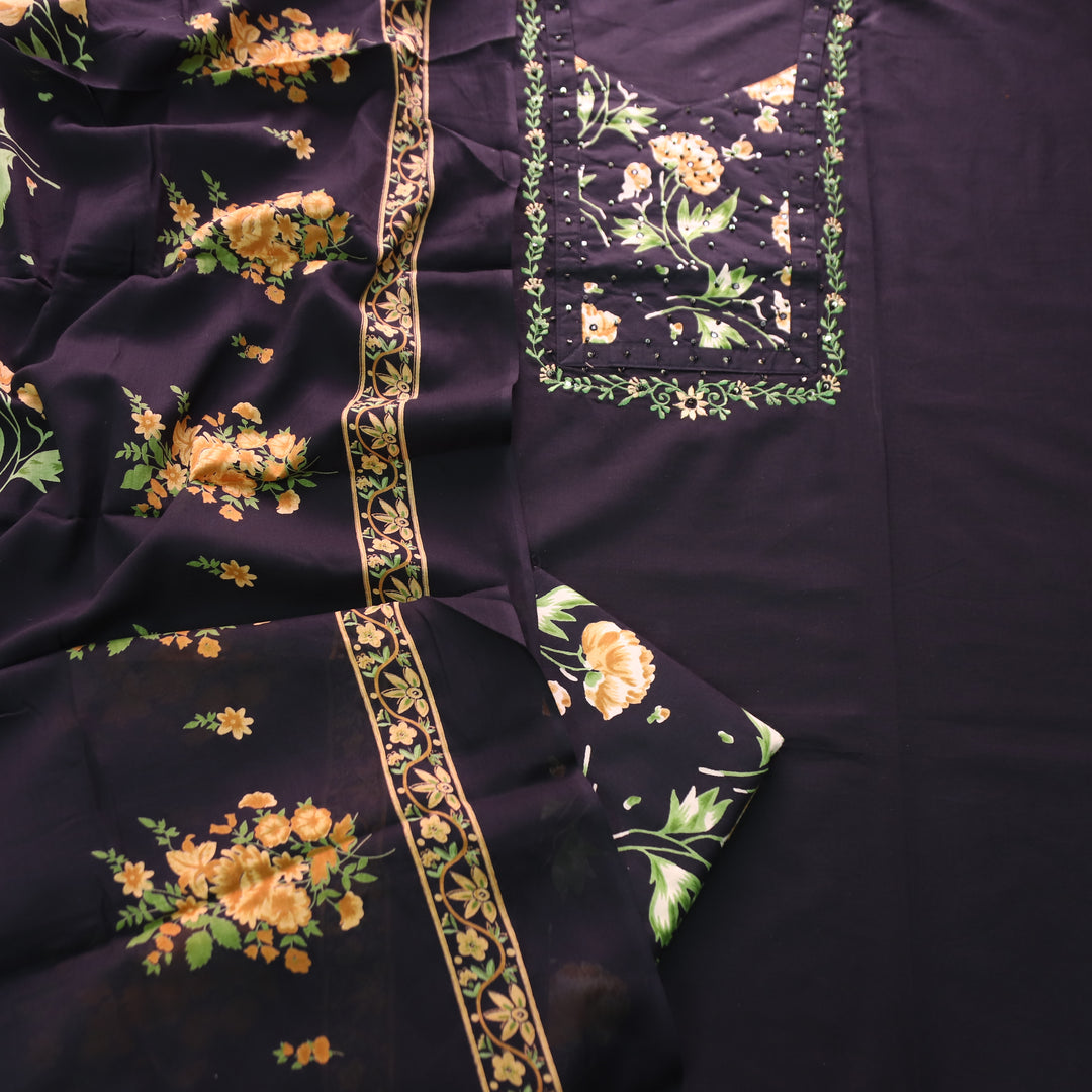 Yashvi Black with Yellow Floral Print Yoke Moti and Patra Work Cotton Suit Set