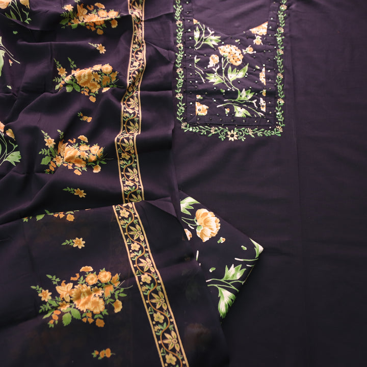 Yashvi Black with Yellow Floral Print Yoke Moti and Patra Work Cotton Suit Set