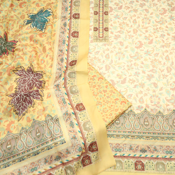Aanapurna Shell White with Yellow Kanni Print Semi Pashmina Winter  Set