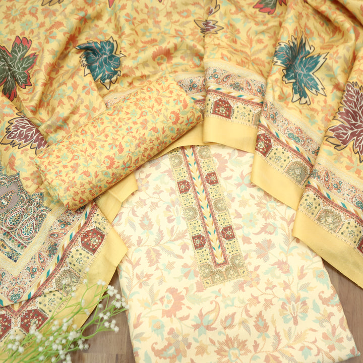 Aanapurna Shell White with Yellow Kanni Print Semi Pashmina Winter  Set
