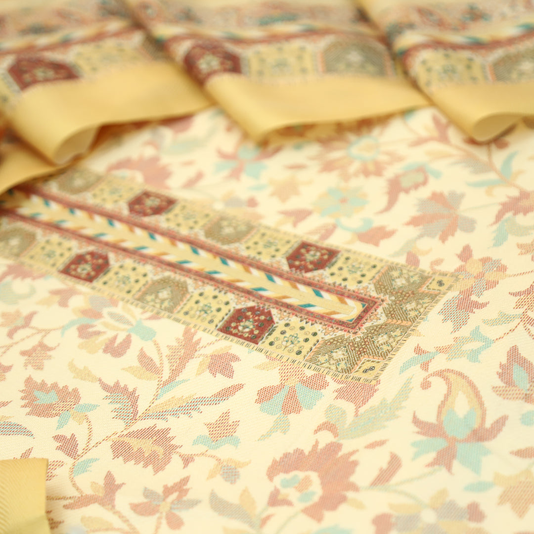 Aanapurna Shell White with Yellow Kanni Print Semi Pashmina Winter  Set