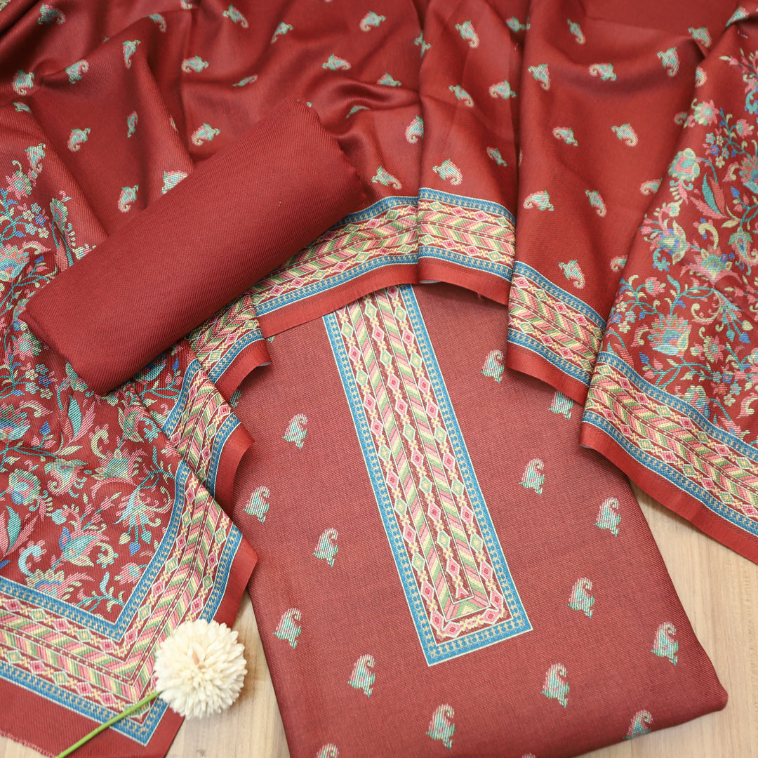 Vedika Burnt Rust Digital Kanni Printed Semi Pashmina Winter Set