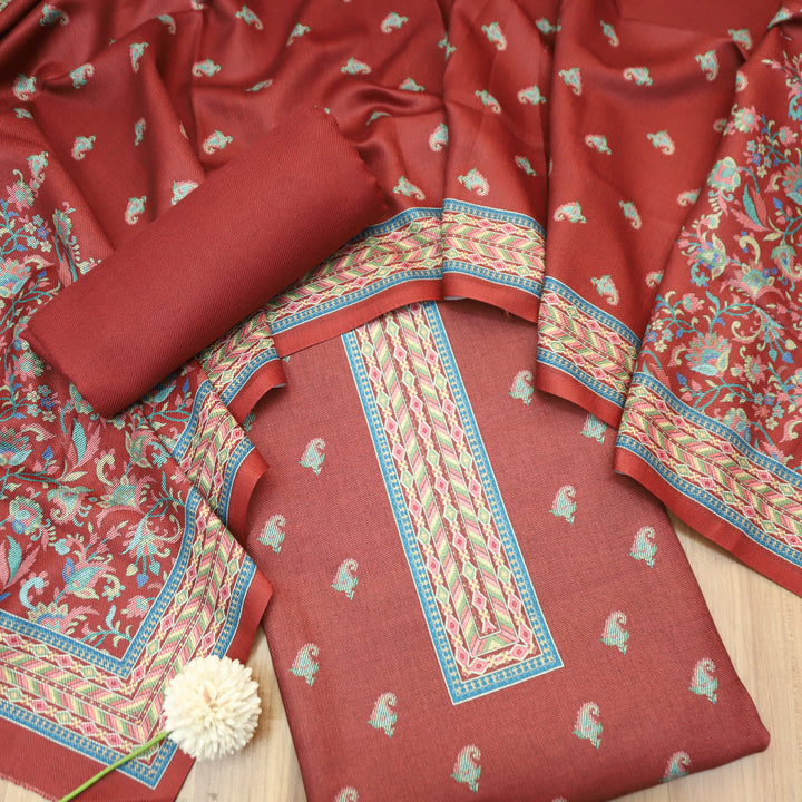 Vedika Burnt Rust Digital Kanni Printed Semi Pashmina Winter Set