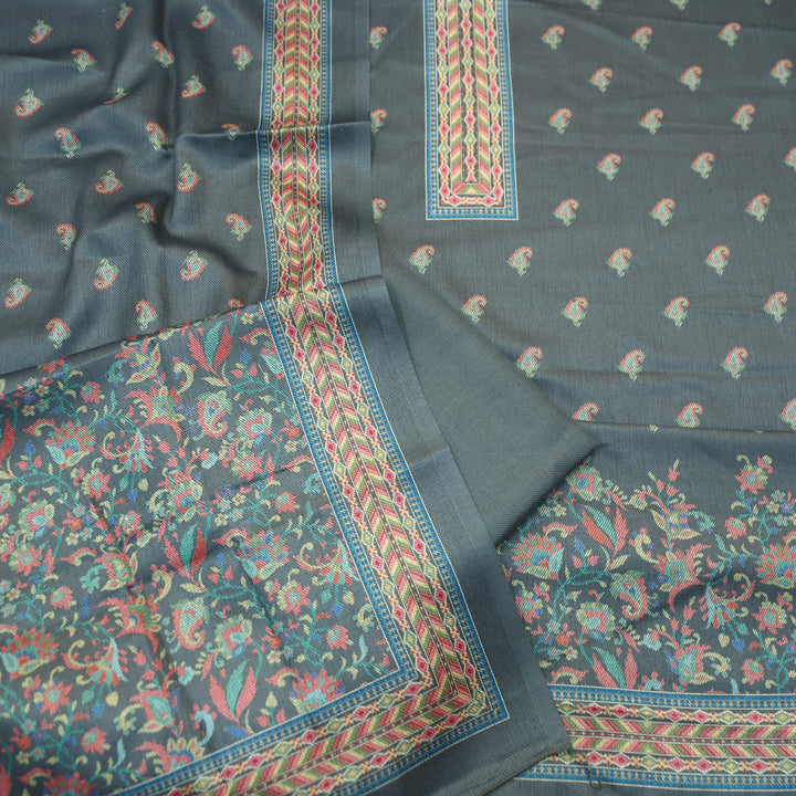 Vedika Charcoal Grey Digital Kanni Printed Semi Pashmina Winter Set