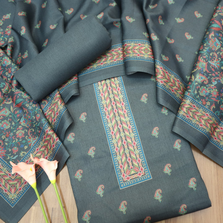 Vedika Charcoal Grey Digital Kanni Printed Semi Pashmina Winter Set