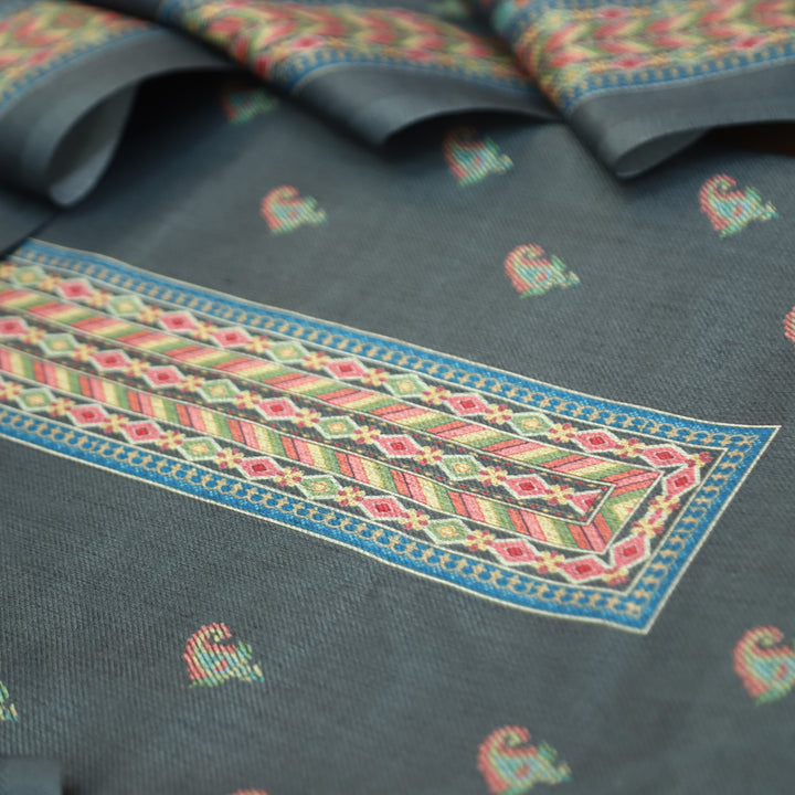 Vedika Charcoal Grey Digital Kanni Printed Semi Pashmina Winter Set