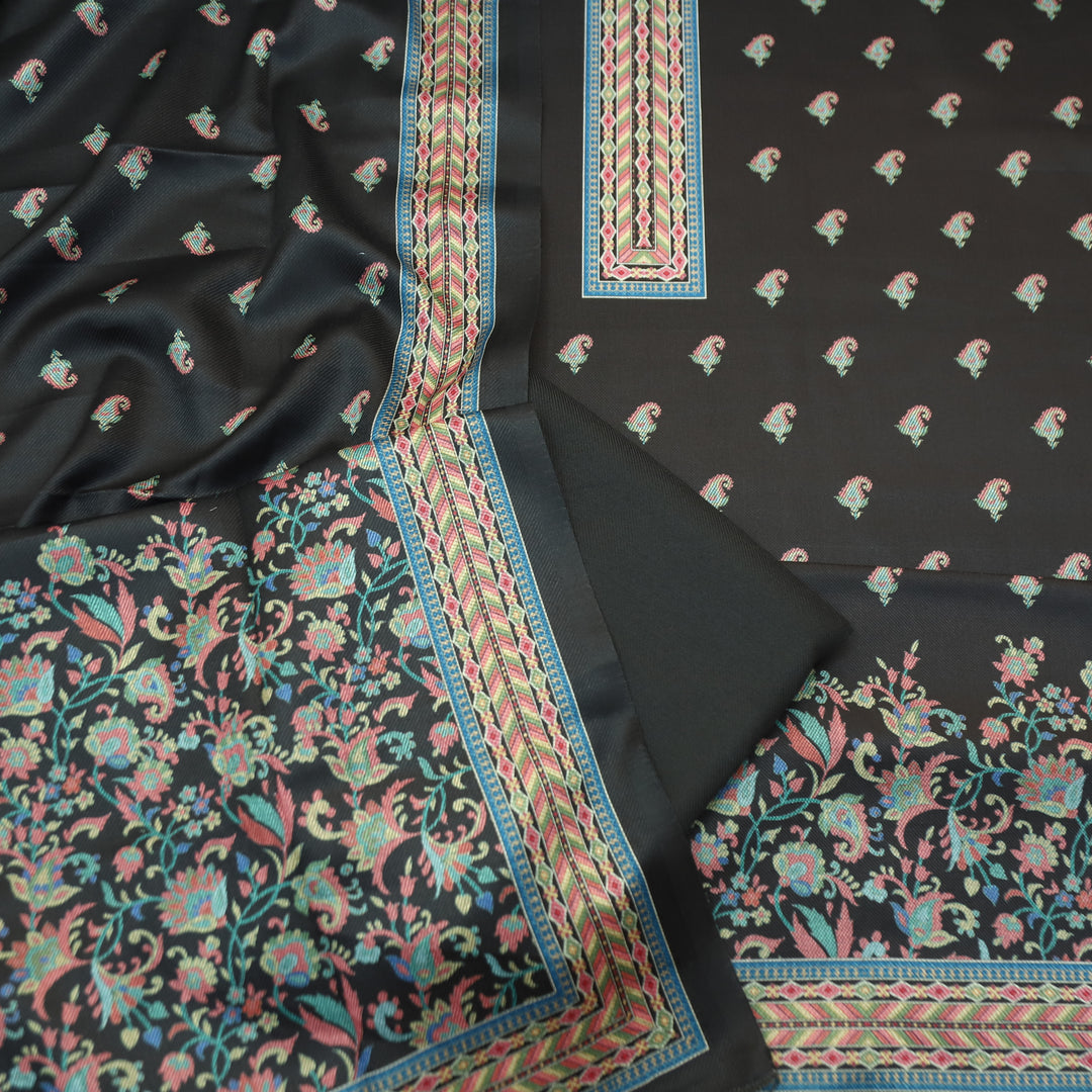 Vedika Midnight Black Digital Kanni Printed Semi Pashmina Winter Set