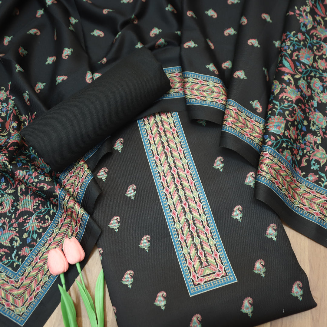 Vedika Midnight Black Digital Kanni Printed Semi Pashmina Winter Set