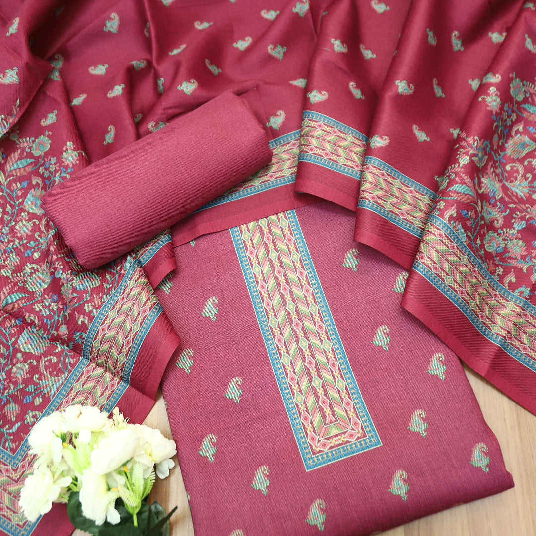 Vedika Magenta Pink Digital Kanni Printed Semi Pashmina Winter Set