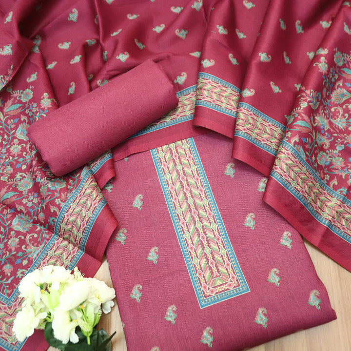 Vedika Magenta Pink Digital Kanni Printed Semi Pashmina Winter Set