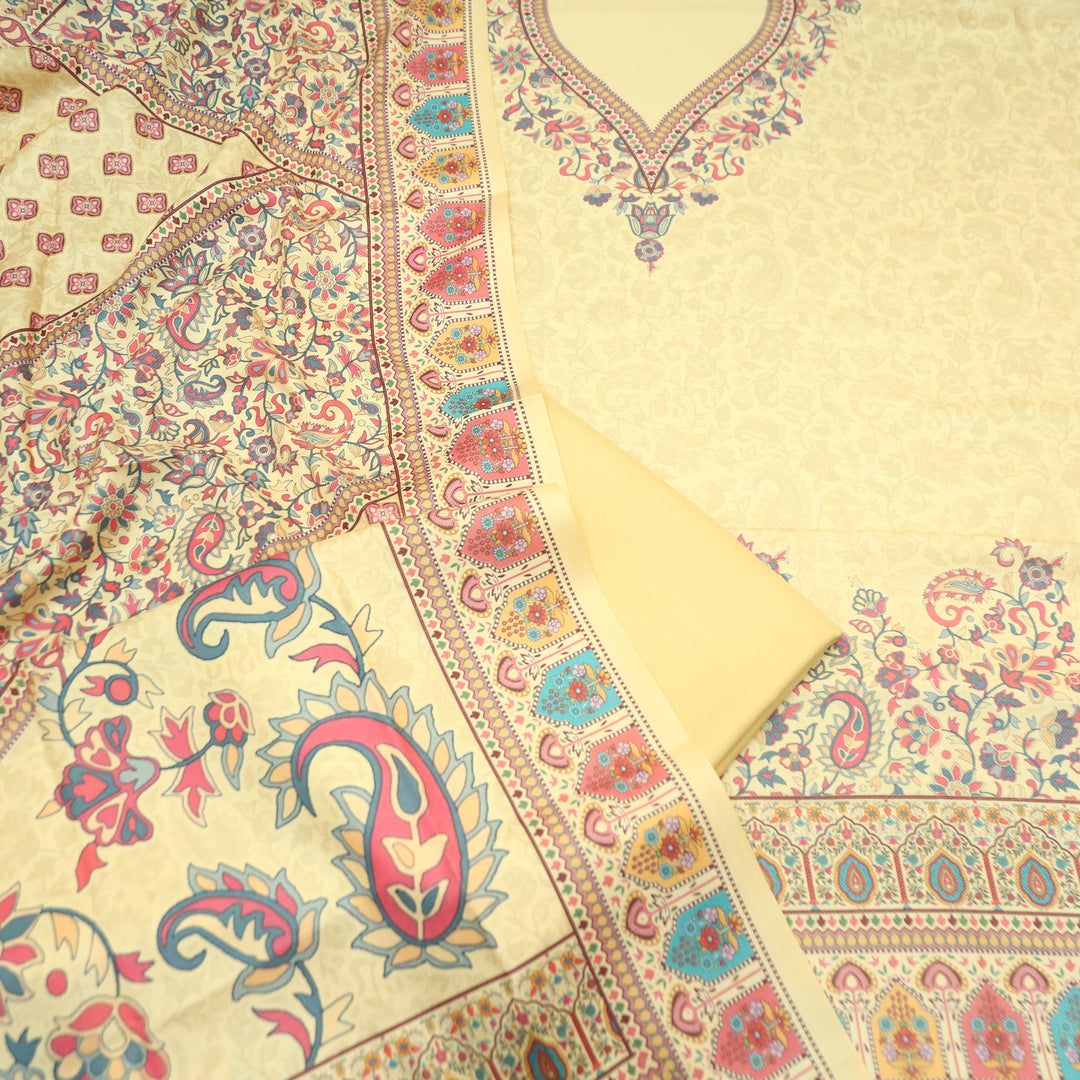 Shrivalli Butter Yellow Digital Kashmiri Printed Semi Pashmina Winter Set