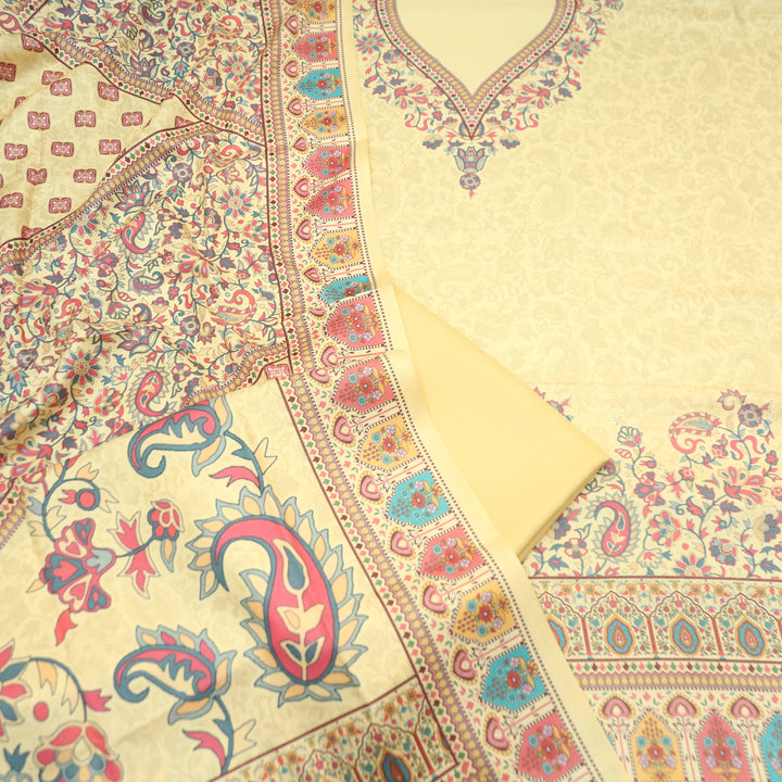 Shrivalli Butter Yellow Digital Kashmiri Printed Semi Pashmina Winter Set