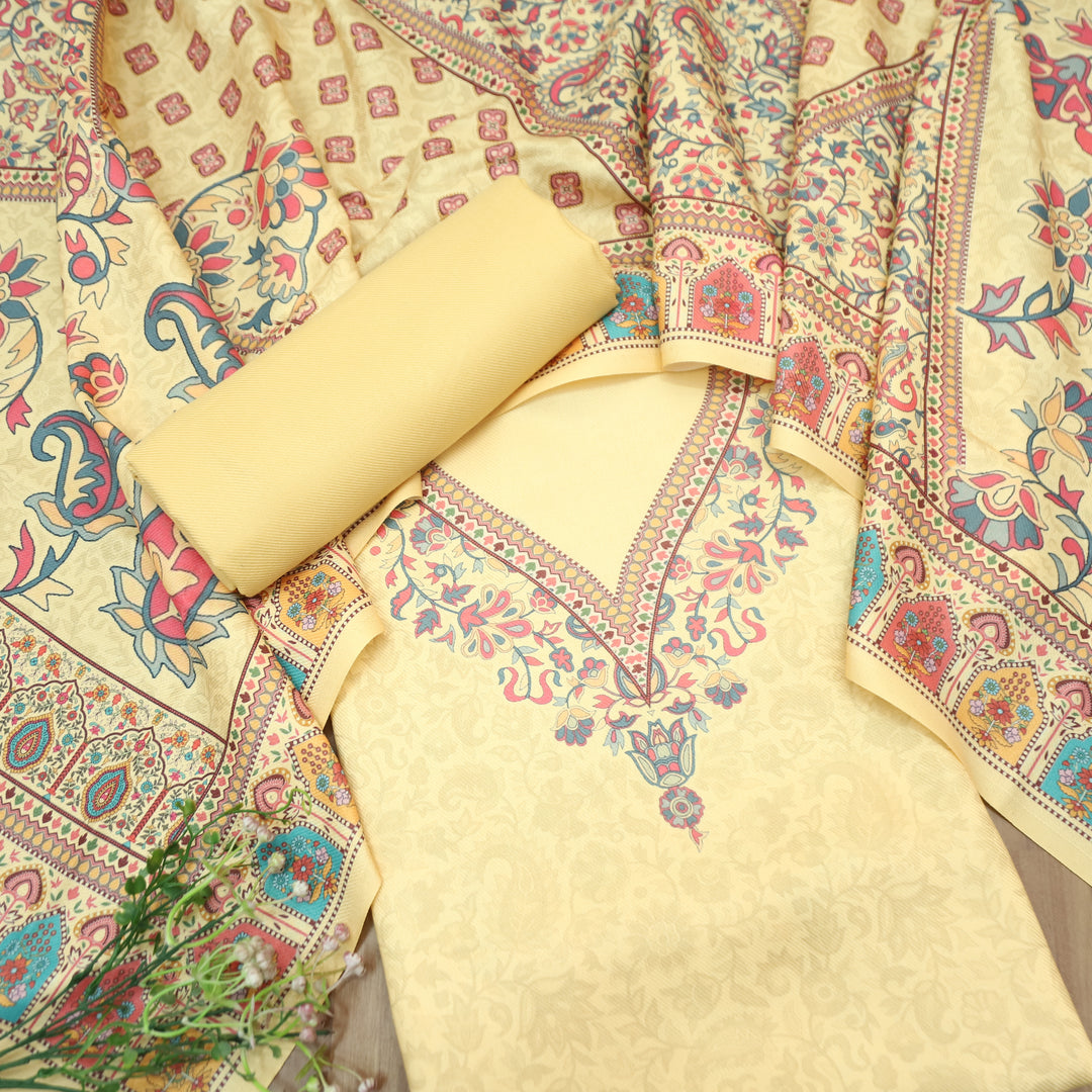 Shrivalli Butter Yellow Digital Kashmiri Printed Semi Pashmina Winter Set