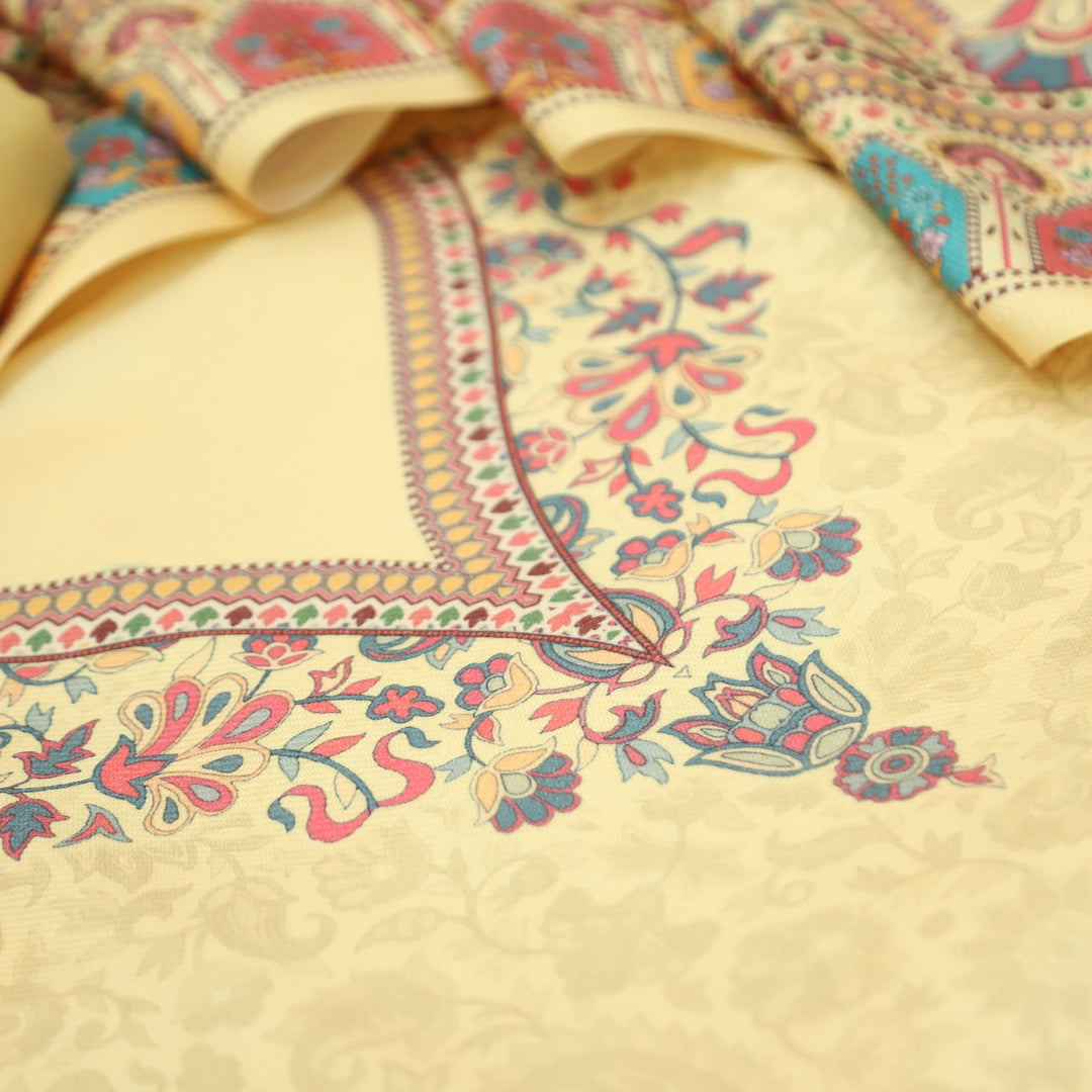 Shrivalli Butter Yellow Digital Kashmiri Printed Semi Pashmina Winter Set